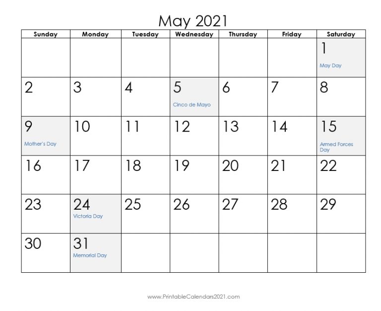 Printable Calendar May 2021, Printable 2021 Calendar With