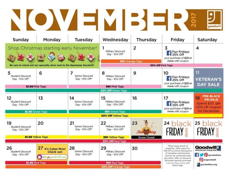 Goodwill November Sales Calendar | Goodwill, Goodwill