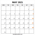 Calendar May 2021 Start Monday