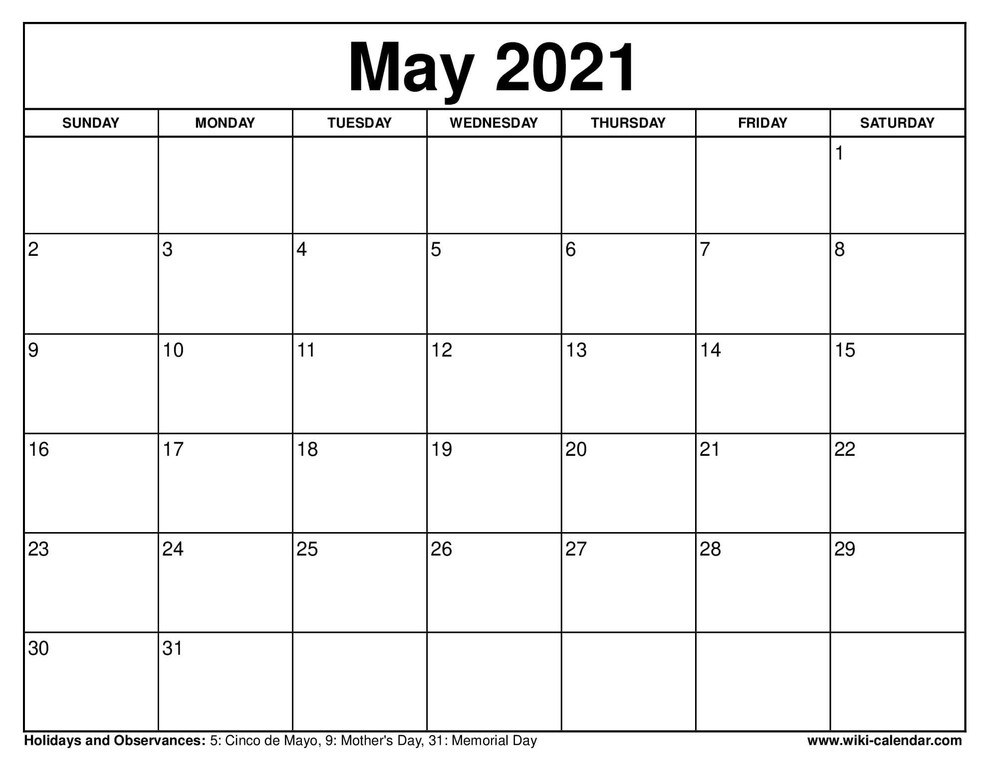 May 2021 Calendar Printable with Holidays