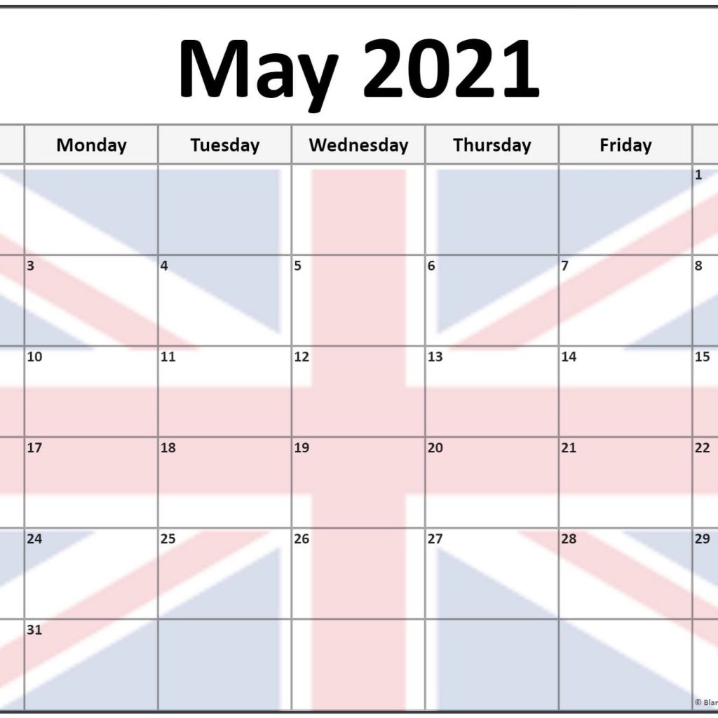 Printable Calendar May 2021 with UK Flag