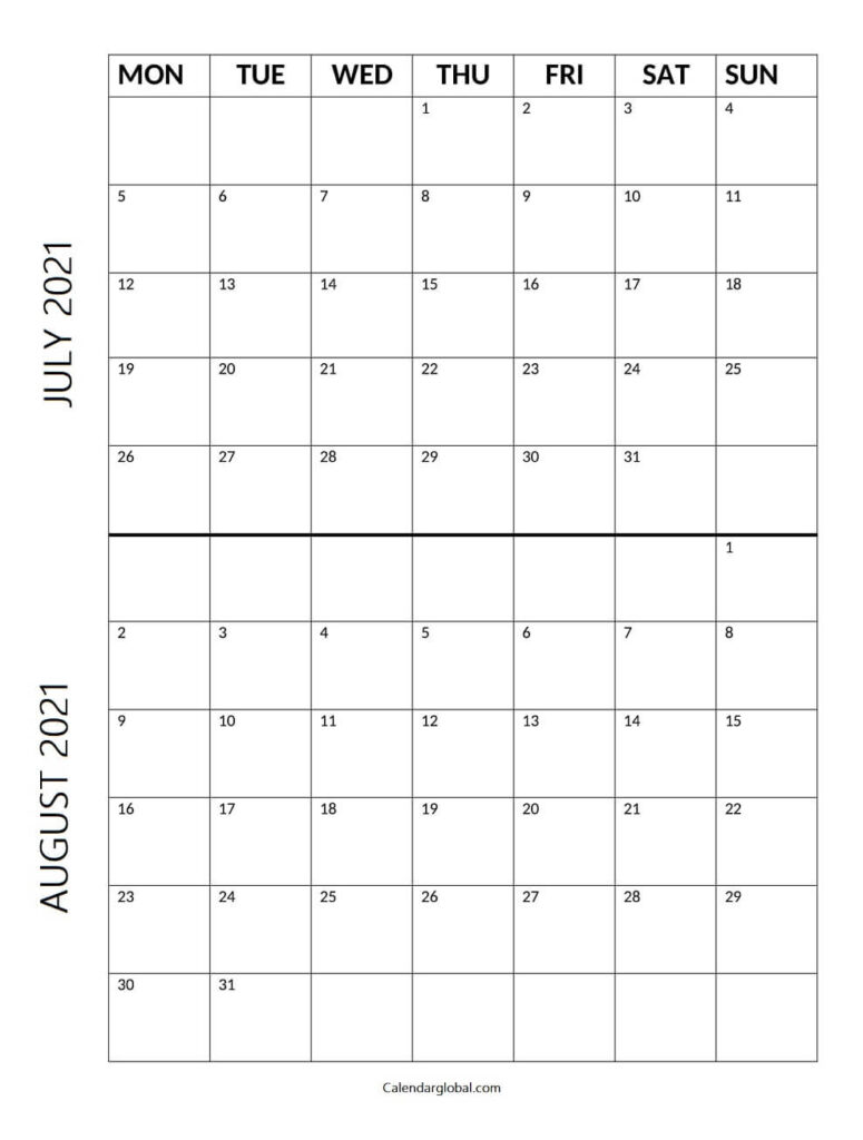 Calendar July August 2021 Editable 