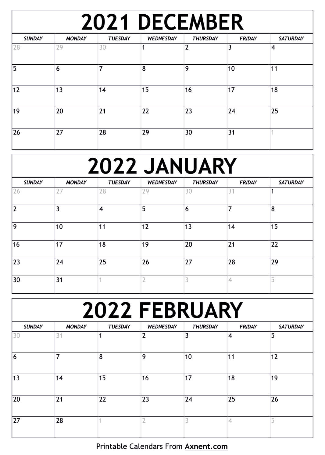 December 2021 to February 2022 Calendar