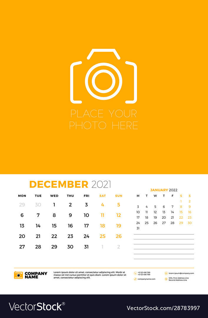 Calendar for December 2021. Week starts on Monday. Wall calendar planner template. Vector illustration