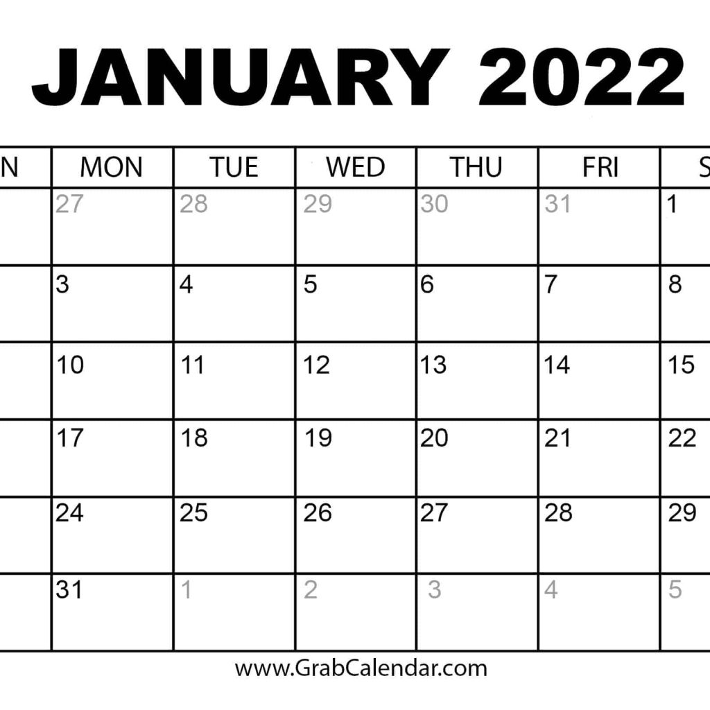 Jan Feb Printable Calendar 2022