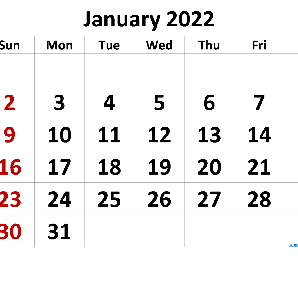 January Calendar 2022 Printable