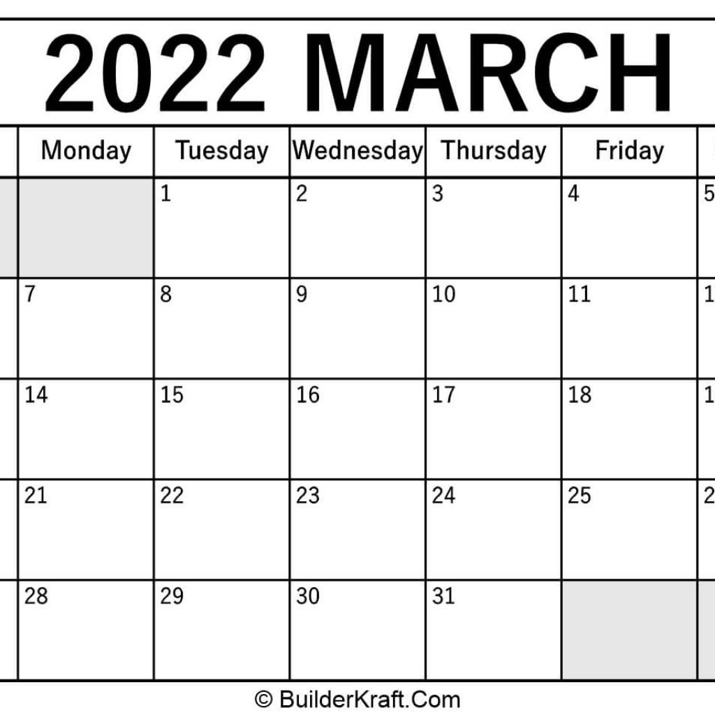 Blank March 2022 Calendar Printable