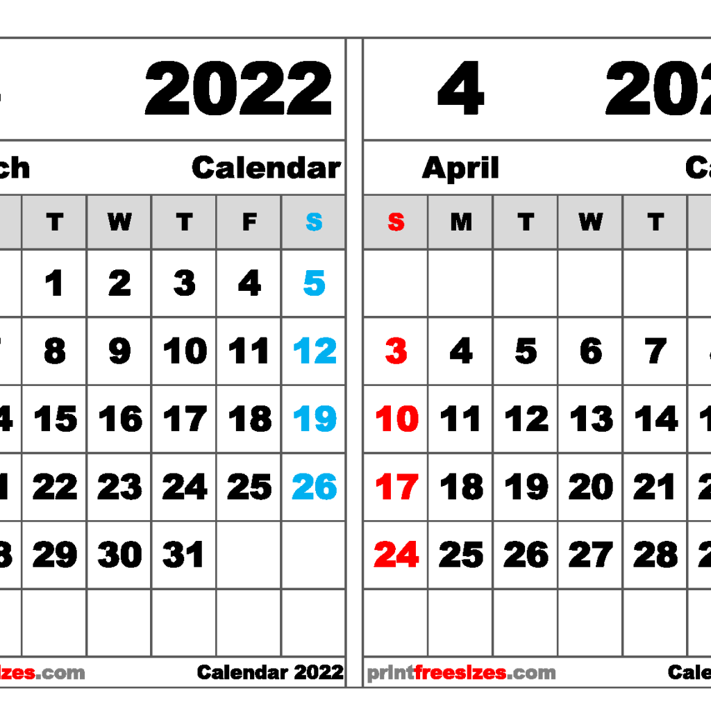 March April 2022 Calendar Printable Free