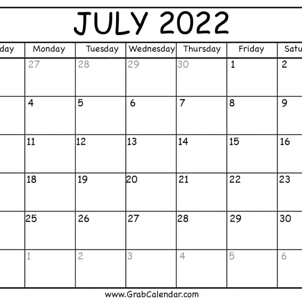 Calendar 2022 July Printable