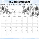 July August Calendar 2022 Black and White