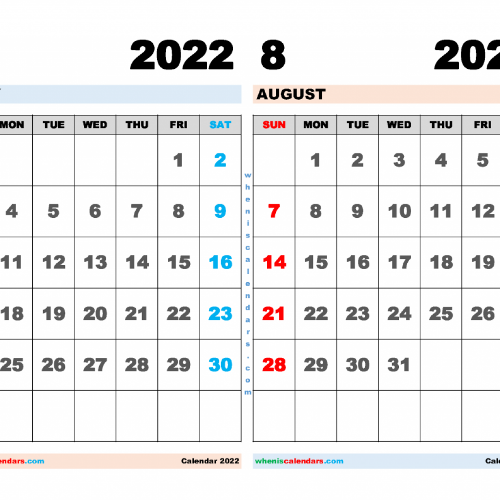 July August Calendar 2022 Mon Sun