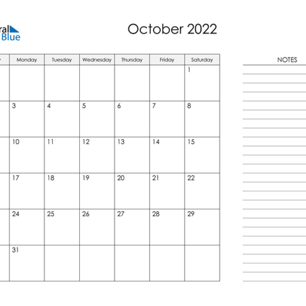 October Calendar 2022 with Notes