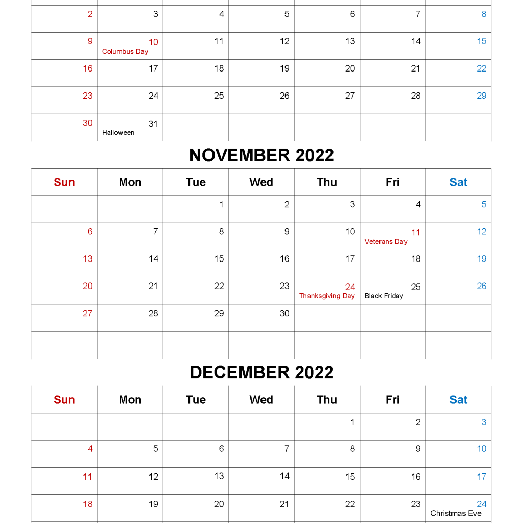 October to December 2022 Printable Calendar