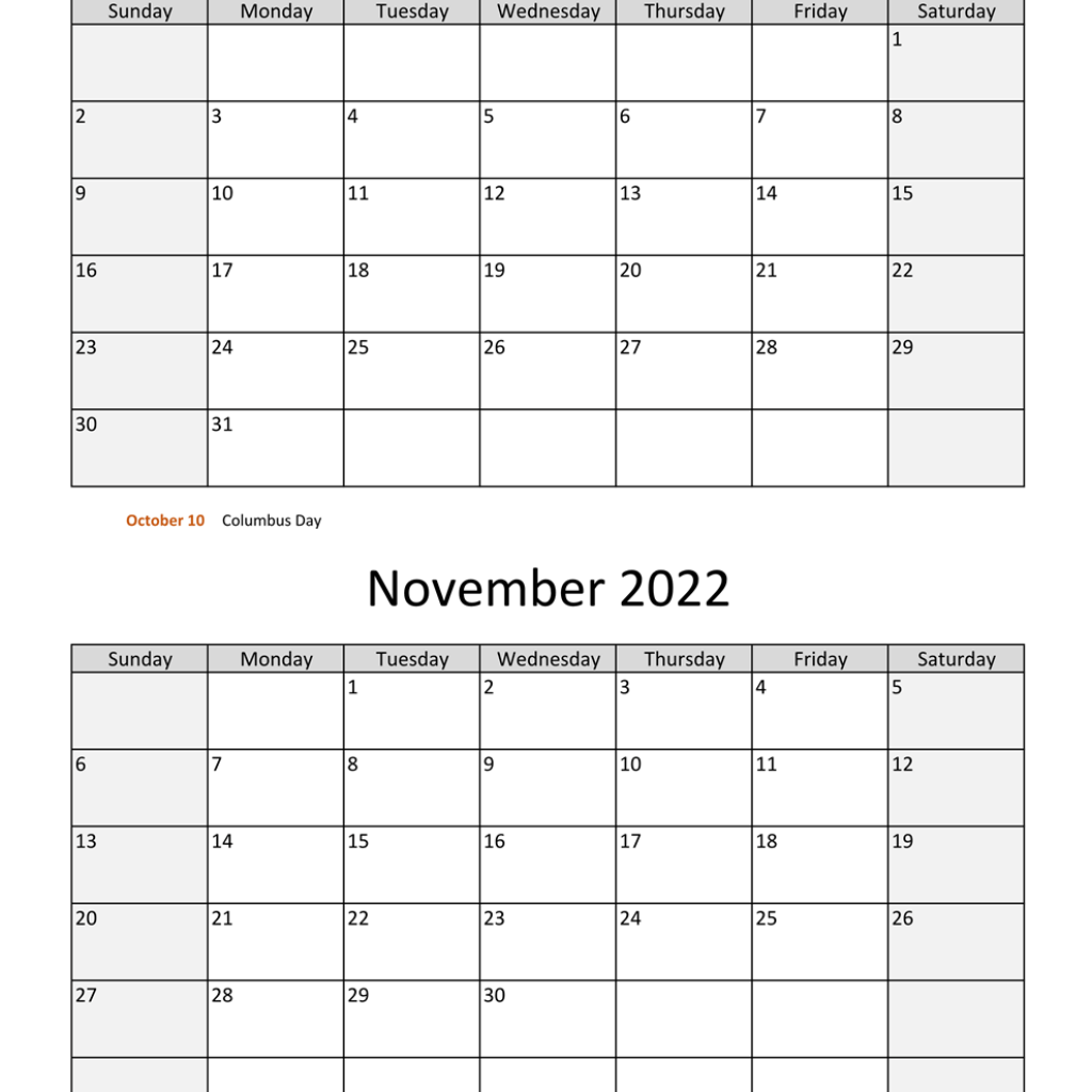 Oct Nov 2022 Printable Calendar Template