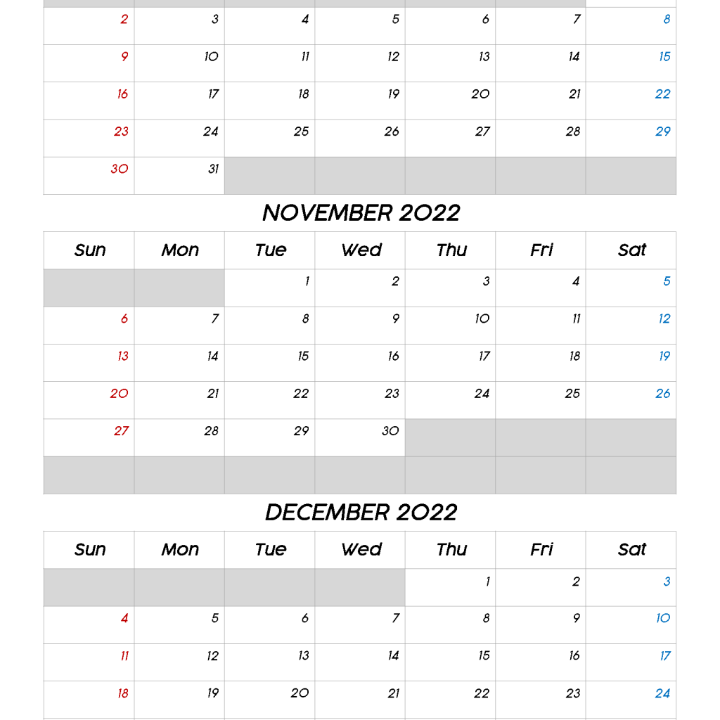 October to December 2022 Calendar Printable