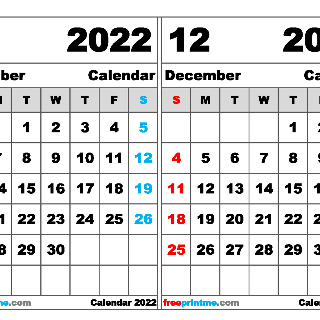 2022 November December Calendar