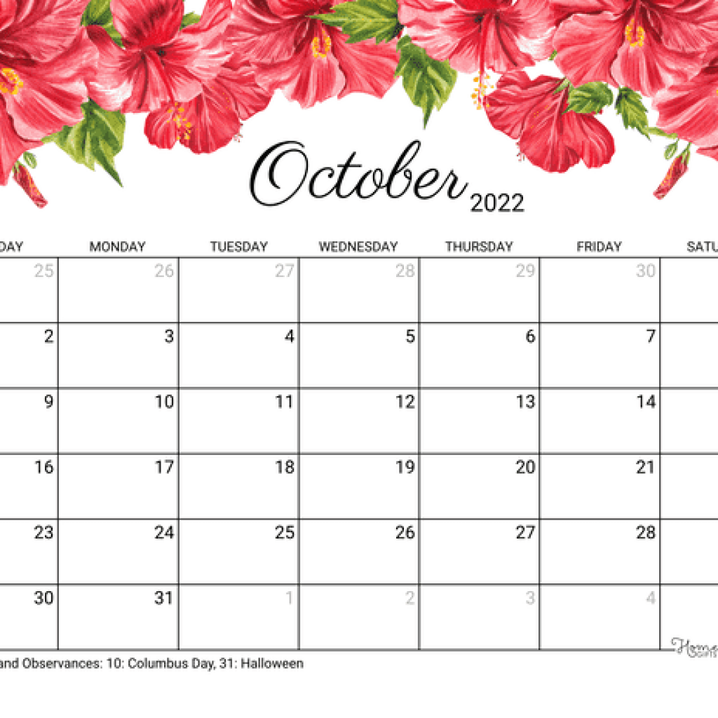 Free Printable 2022 October Calendar Floral