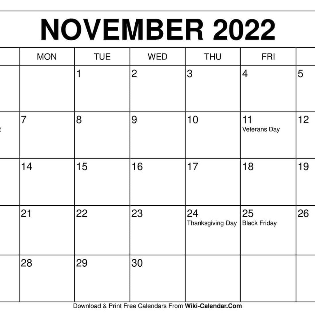 Printable Nov Calendar 2022 Template Canada