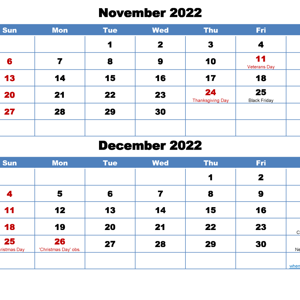 November December 2022 Calendar