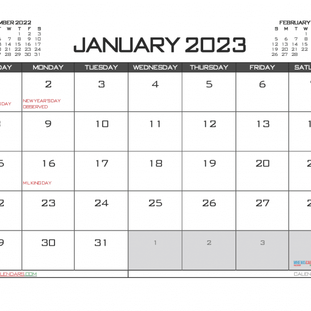 January 2023 Landscape Portrait Calendar Template