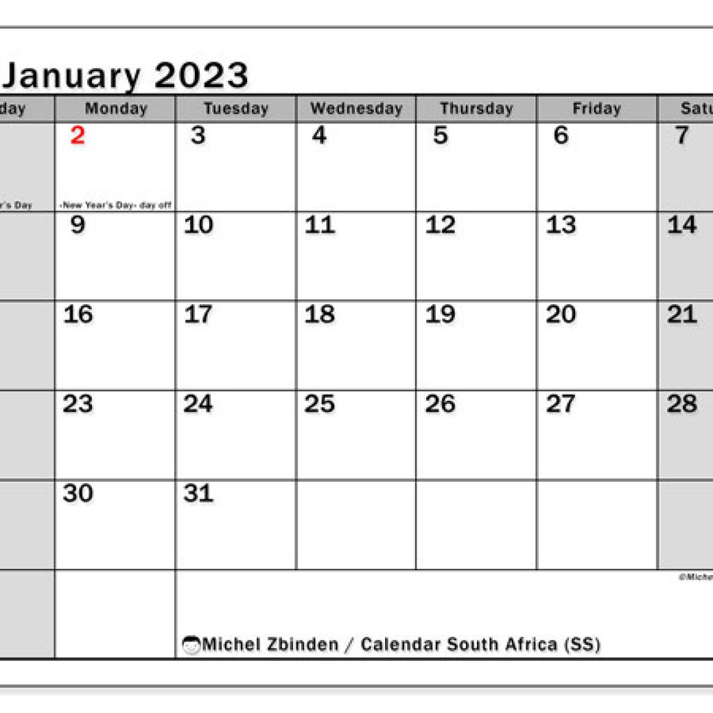 2023 January Calendar South Africa