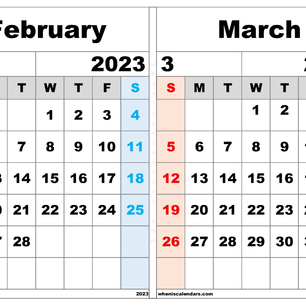 2023 Printable Calendar February March