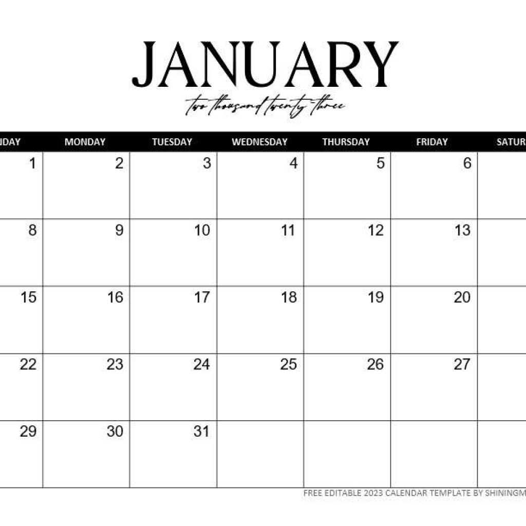 Calendar January 2023 Editable Template