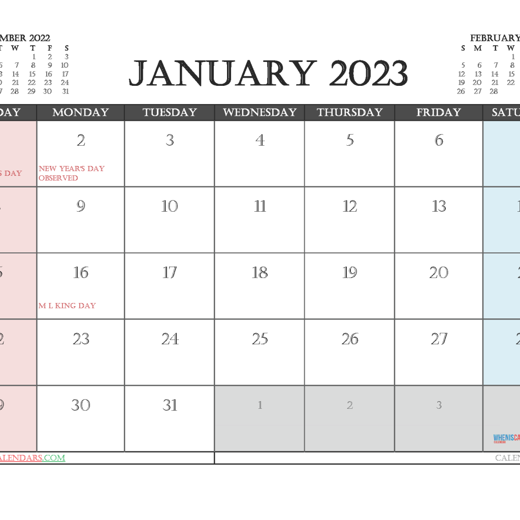 January 2023 Calendar Pdf Excel Word