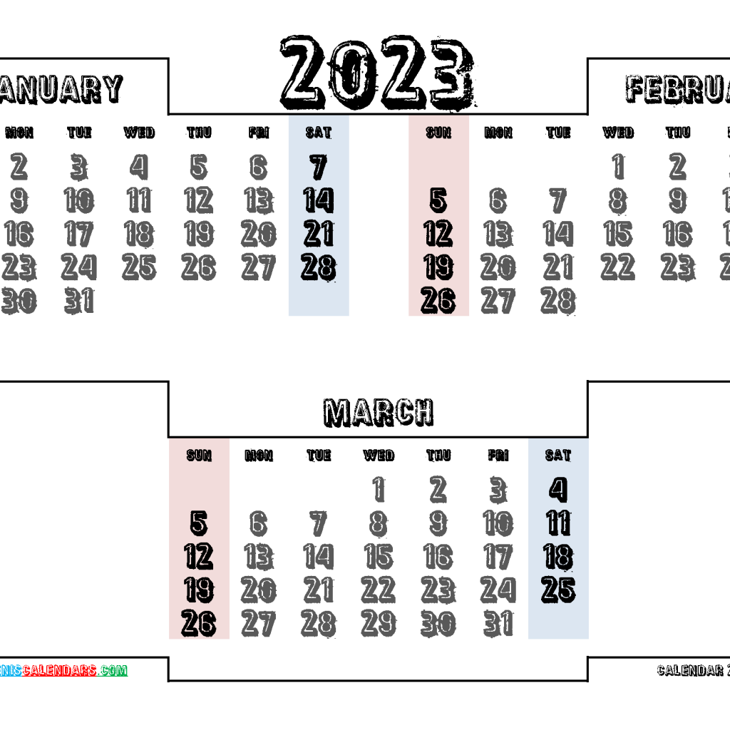 January to March 2023 Printable Calendar Free