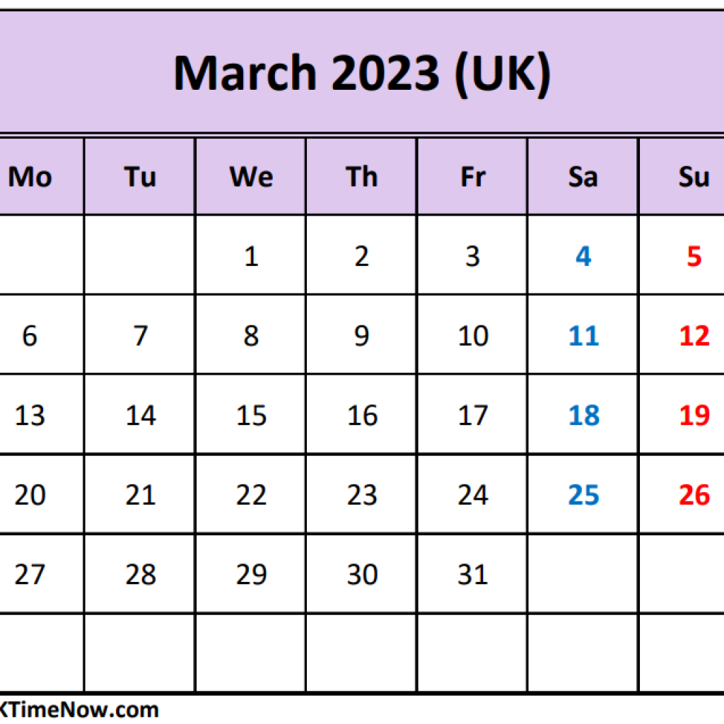 March 2023 Calendar UK