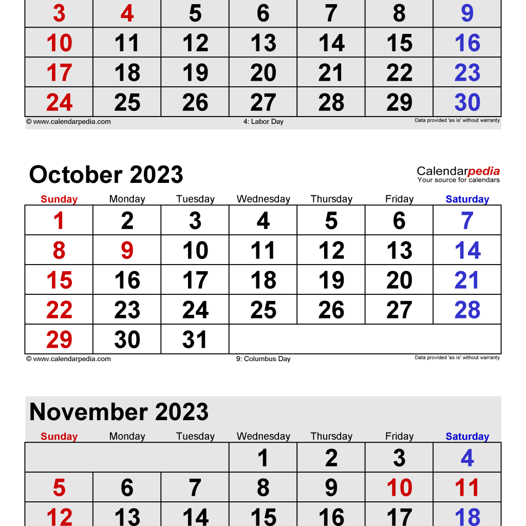 September to November 2023 Printable Calendar